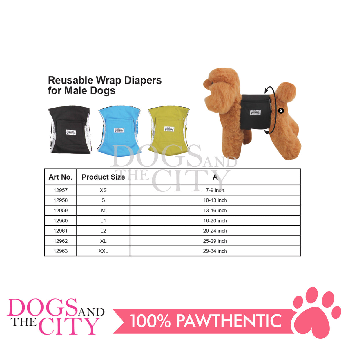 Pawise 12963 Premium Reusable Wrap Diapers for Male Dogs XXL 3pcs/pa