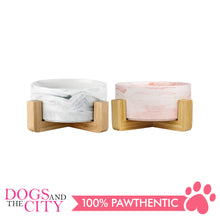 Load image into Gallery viewer, DGZ Nordic Ceramic Pet Bowl With Wood Stand MARBLE Design Medium 650ml 19.5x9cm for Dog and Cat