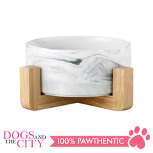Load image into Gallery viewer, DGZ Nordic Ceramic Pet Bowl With Wood Stand MARBLE Design Medium 650ml 19.5x9cm for Dog and Cat