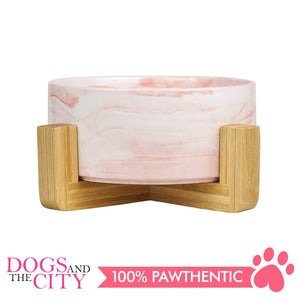 DGZ Nordic Ceramic Pet Bowl With Wood Stand MARBLE Design Medium 650ml 19.5x9cm for Dog and Cat