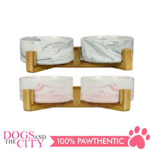 Load image into Gallery viewer, Dgz Nordic Double Ceramic Pet Bowl With Wood Stand MARBLE Design 31cmx17cmx9cm for Dog and Cat