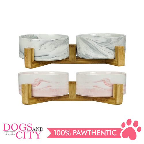 Dgz Nordic Double Ceramic Pet Bowl With Wood Stand MARBLE Design 31cmx17cmx9cm for Dog and Cat