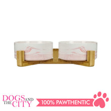 Load image into Gallery viewer, Dgz Nordic Double Ceramic Pet Bowl With Wood Stand MARBLE Design 31cmx17cmx9cm for Dog and Cat