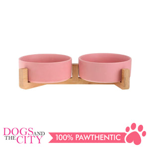 DGZ Double Ceramic Pet Bowl With Wood Stand 2x650ml 31x17x9cm for Dog and Cat