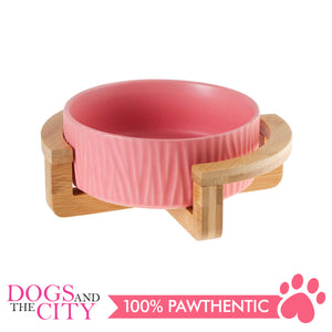 Dgz Nordic Ceramic Textured Pet Bowl With Wood Stand Small 400ml 16cmx6.5cm