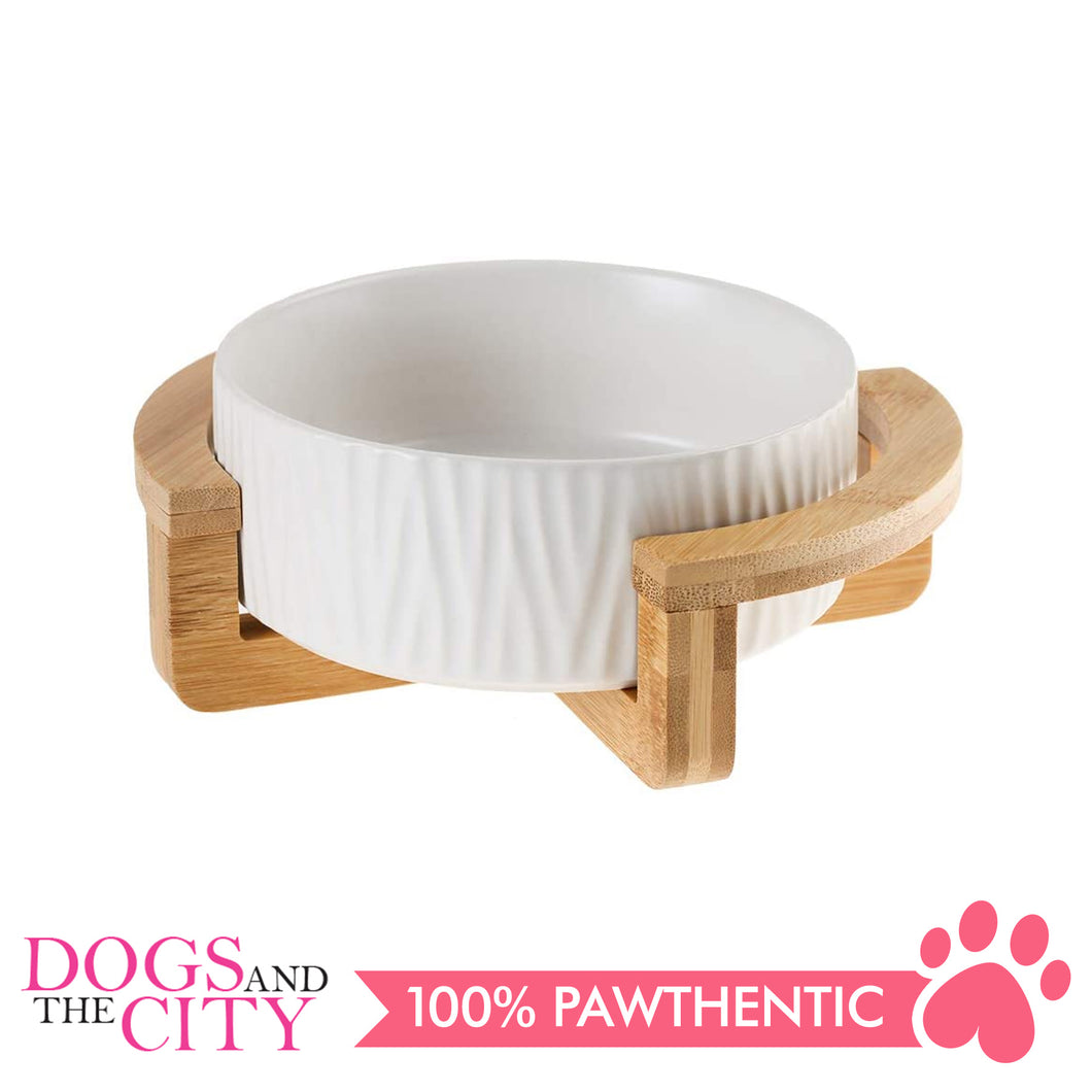 Dgz Nordic Ceramic Textured Pet Bowl With Wood Stand Small 400ml 16cmx6.5cm