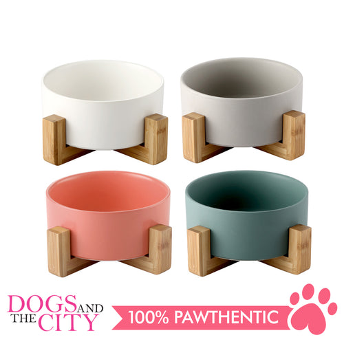 DGZ Nordic Ceramic Pet Bowl With Wood Stand Large 850ml 26x10.5cm for Dog and Cat