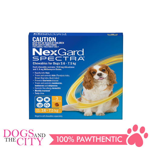 NexGard Spectra Chewable Tablets for Dogs, 3.5-7.5kg (Yellow Box) 3 Tablets - Dogs And The City Online