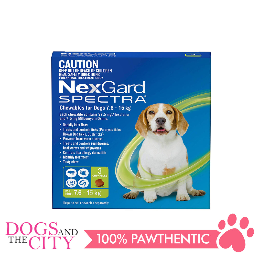 NexGard Spectra Chewable Tablets for Dogs, 7.5-15kg (Green Box) 3 Tablets - Dogs And The City Online