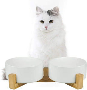 DGZ Double Ceramic Pet Bowl With Wood Stand 2x650ml 31x17x9cm for Dog and Cat